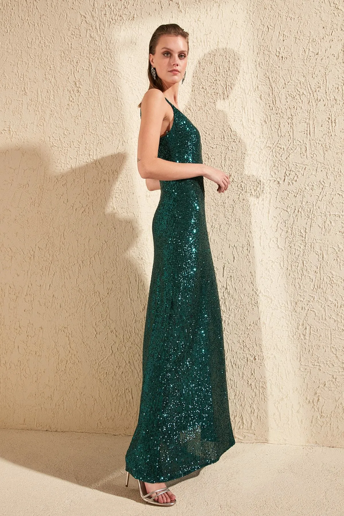 16439 Green Sequined Strap Dress