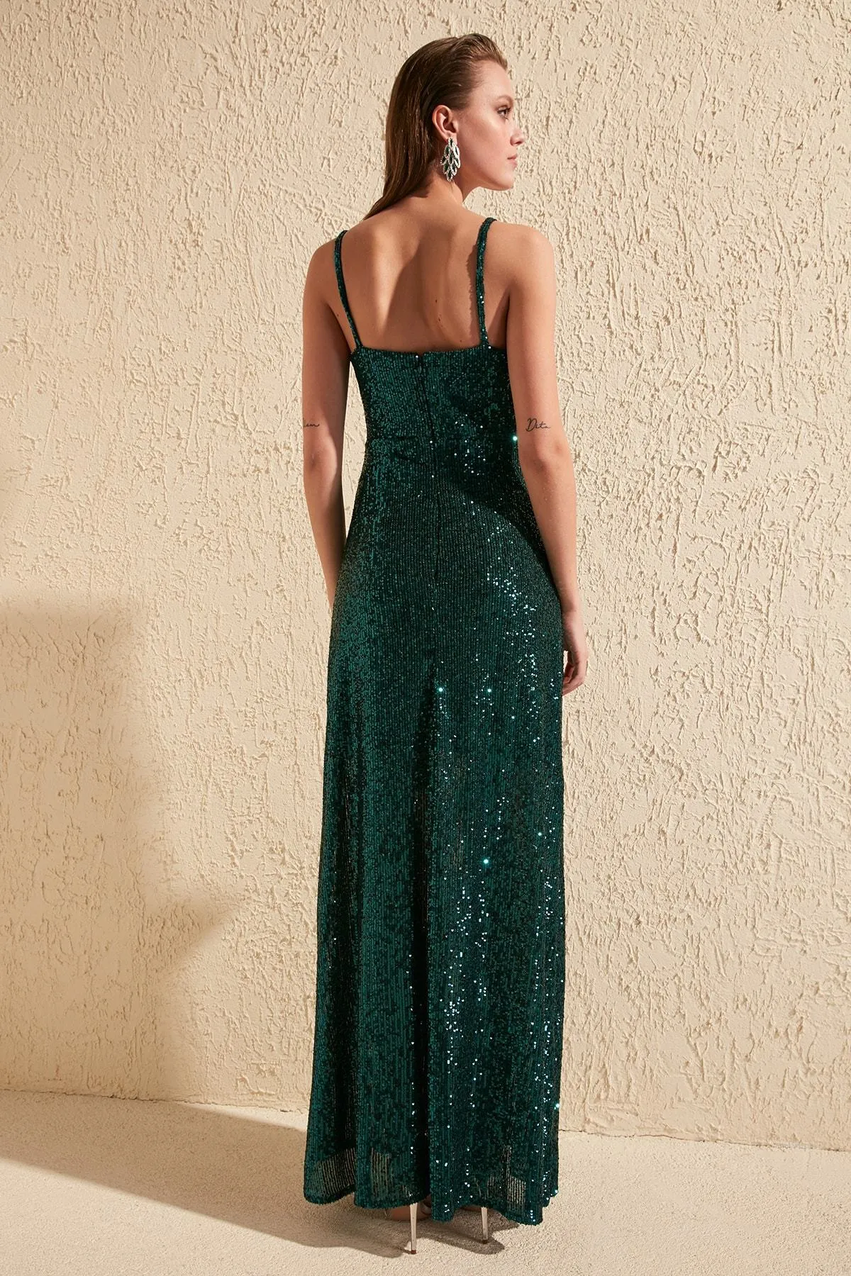 16439 Green Sequined Strap Dress