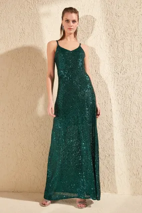 16439 Green Sequined Strap Dress