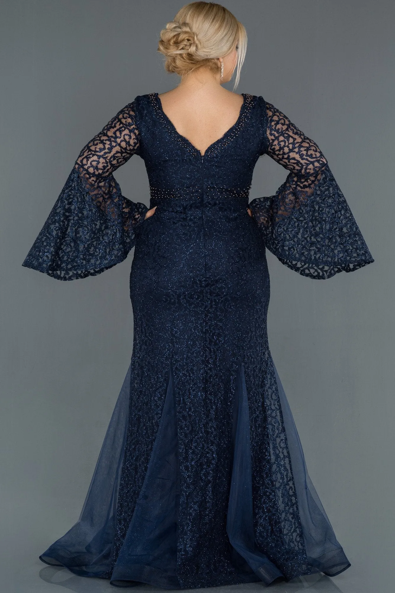 16573 Navy Blue Shimmer Bell Sleeve Tulle Lace Mermaid Dress