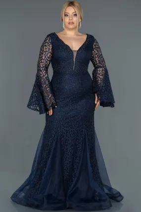 16573 Navy Blue Shimmer Bell Sleeve Tulle Lace Mermaid Dress