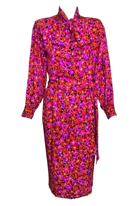 1989 Saint Laurent Magenta Silk Floral Print Dress Ensemble