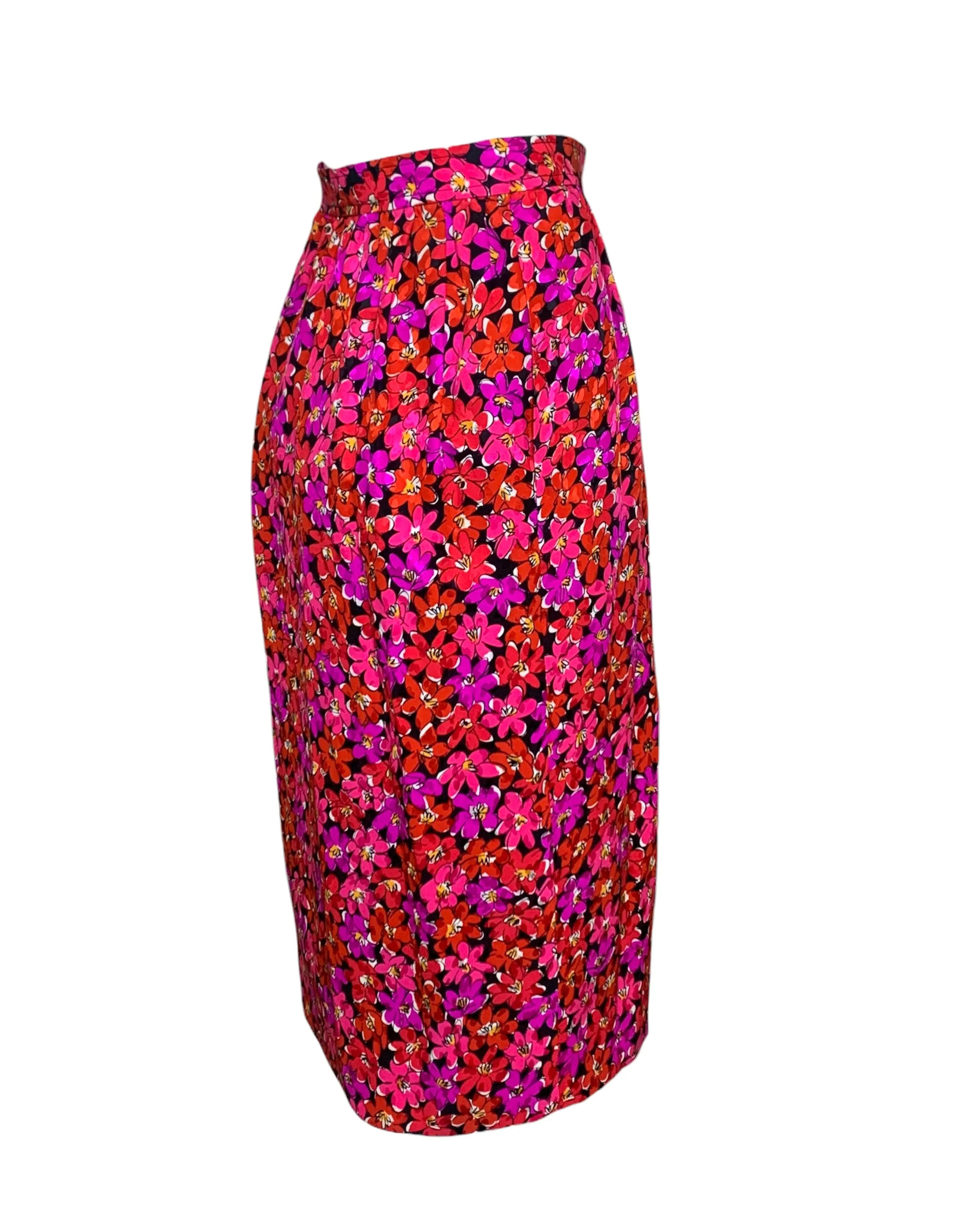 1989 Saint Laurent Magenta Silk Floral Print Dress Ensemble