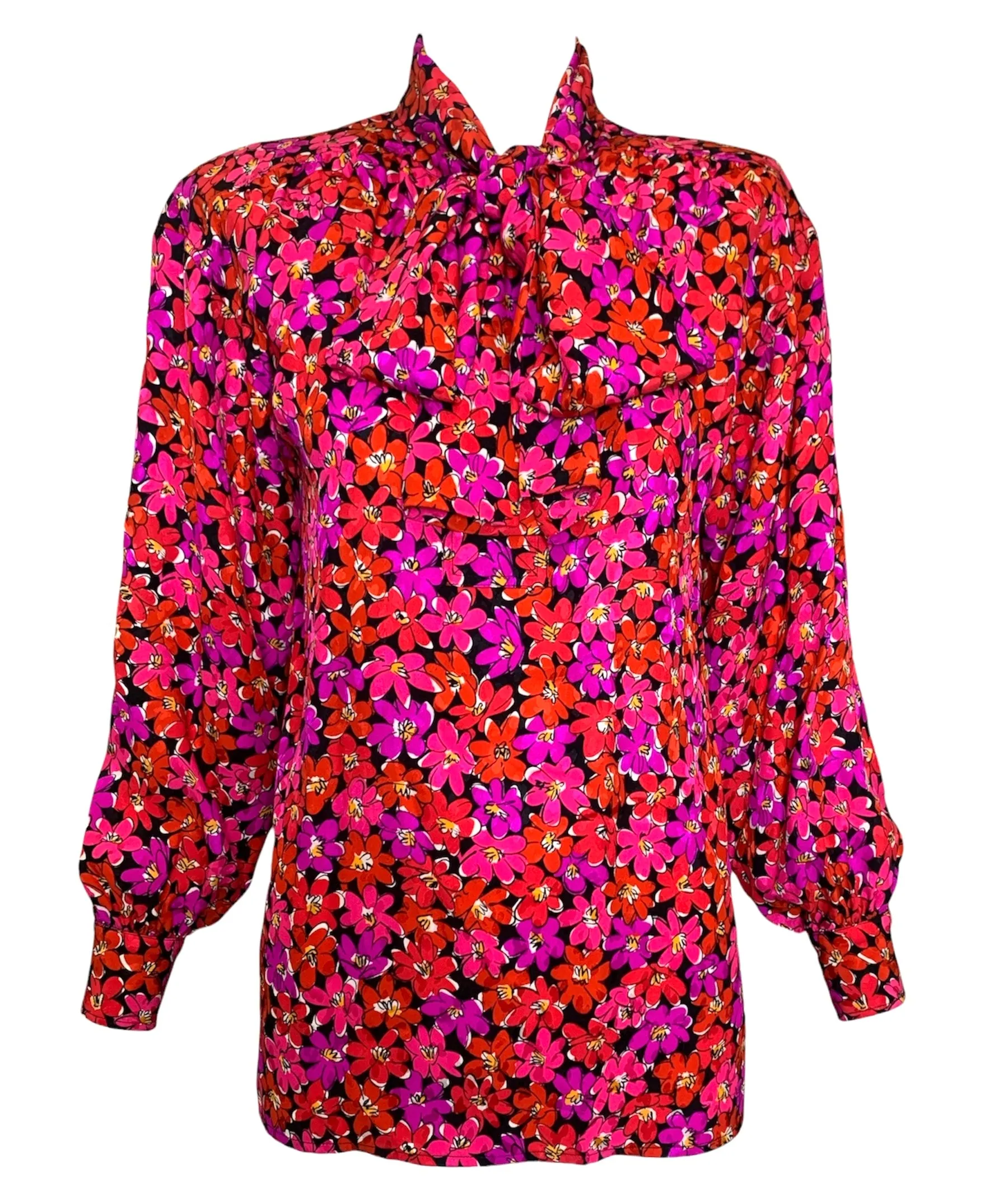 1989 Saint Laurent Magenta Silk Floral Print Dress Ensemble