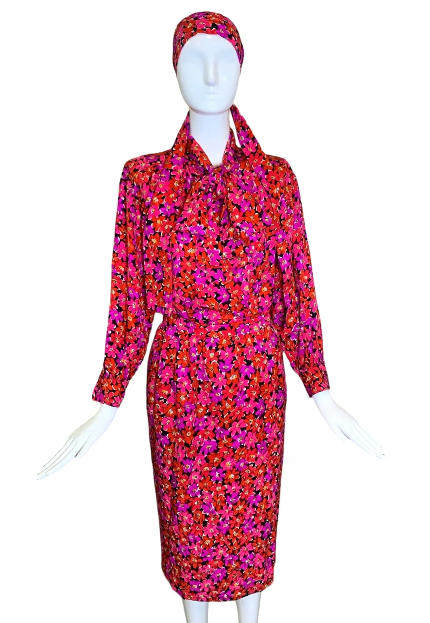 1989 Saint Laurent Magenta Silk Floral Print Dress Ensemble