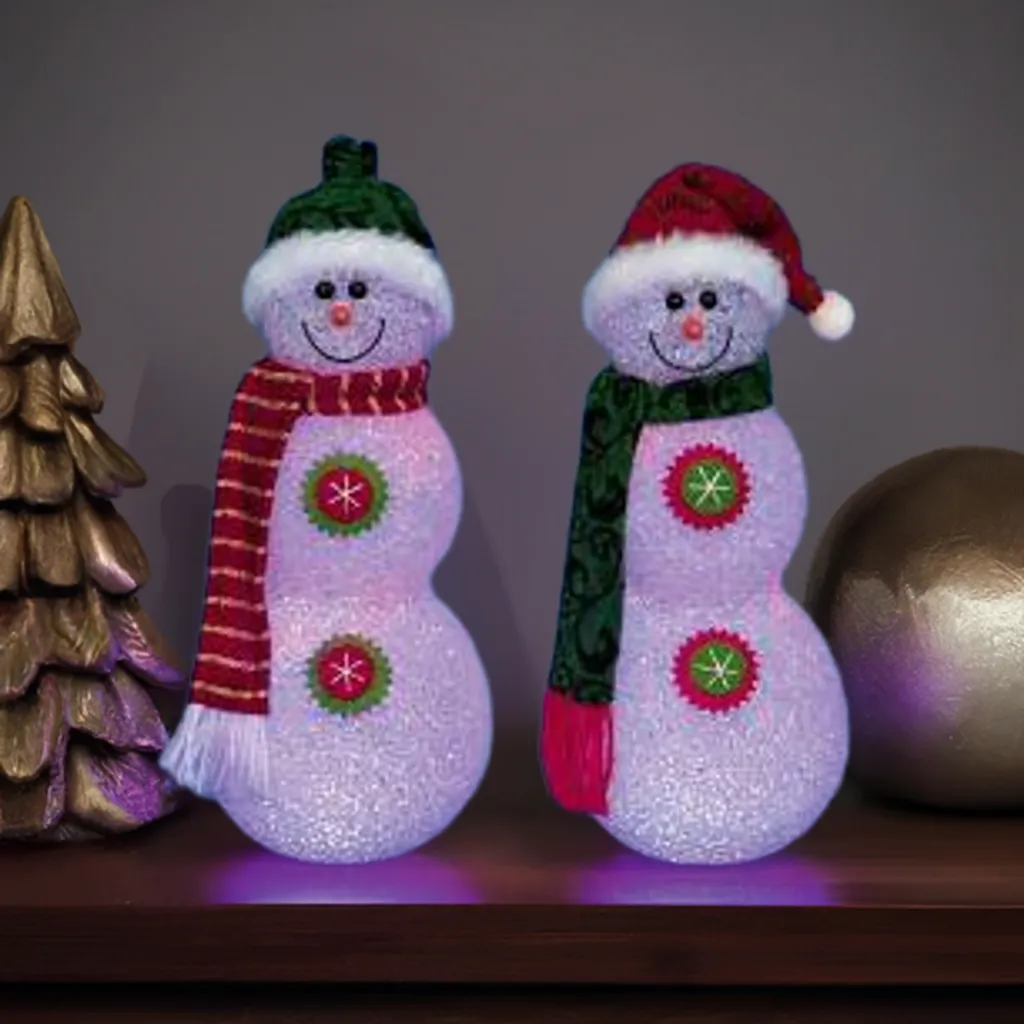 2 x Snowman Battery Operated Red And Green 27cm Flashes Red & Blue