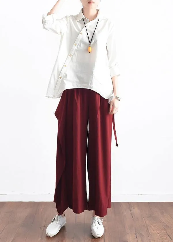 2019 autumn original design literary retro tie irregular wide leg casual burgundy pants