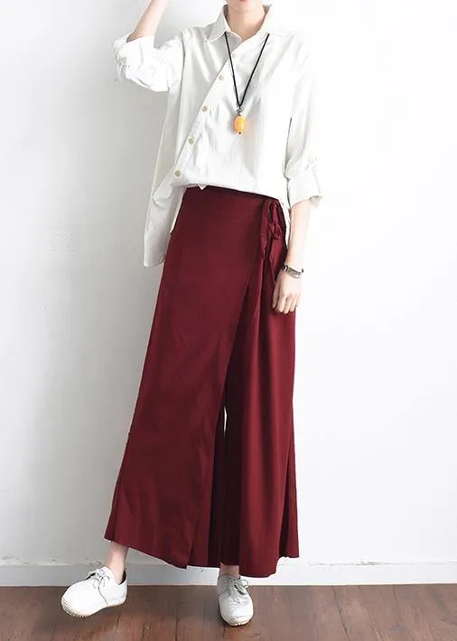 2019 autumn original design literary retro tie irregular wide leg casual burgundy pants