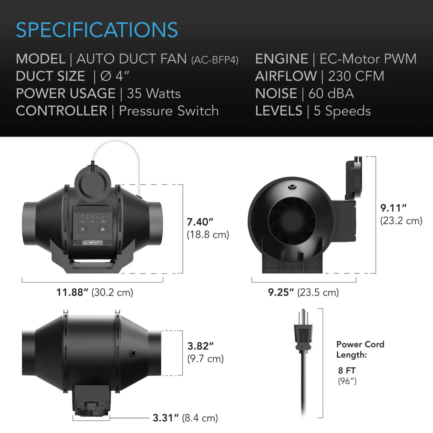 AC Infinity Automatic Booster Duct Fan, Inline Fan with Pressure Switch, 4-Inch