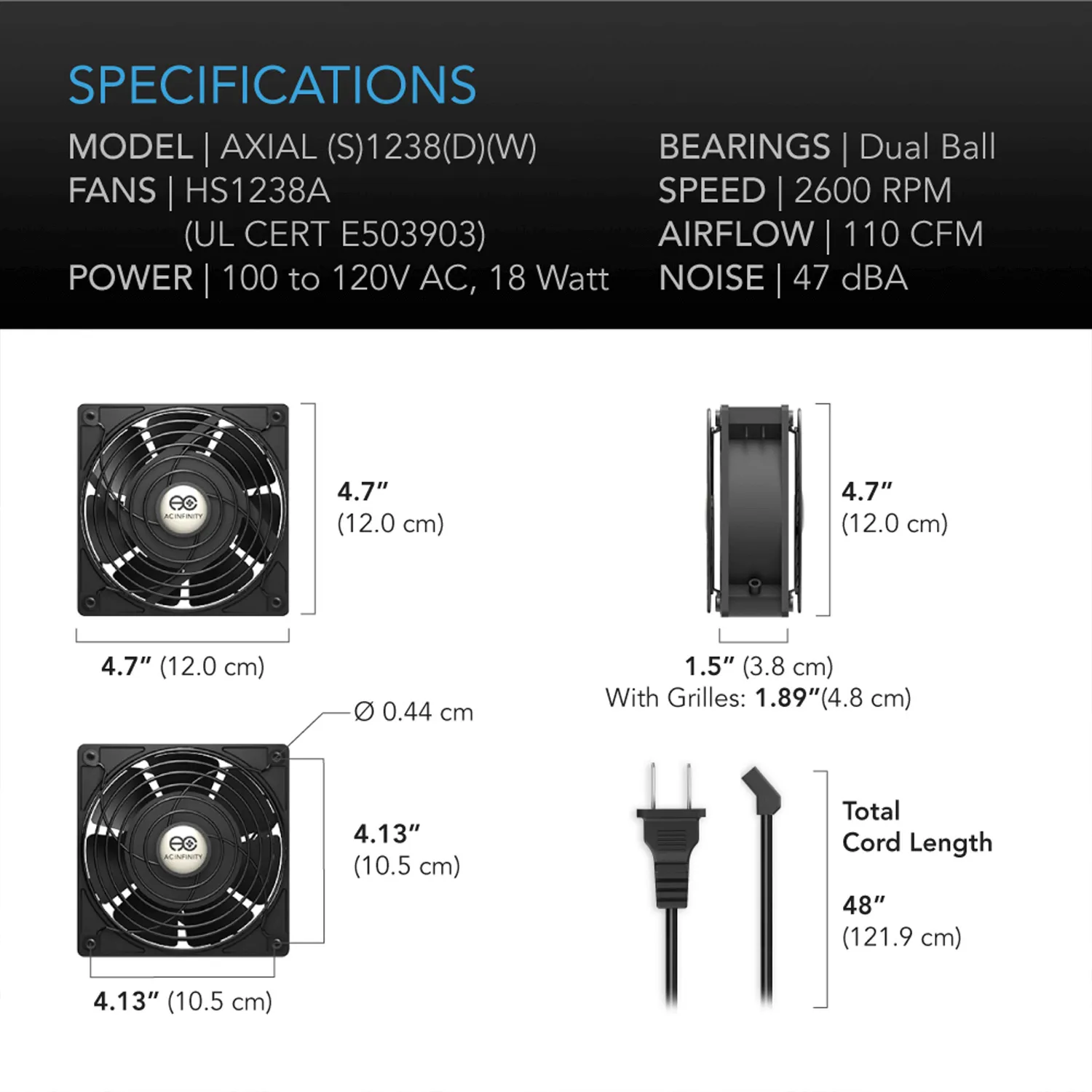 AC Infinity AXIAL 1238, Muffin 120V AC Cooling Fan, 120mm x 120mm x 38mm