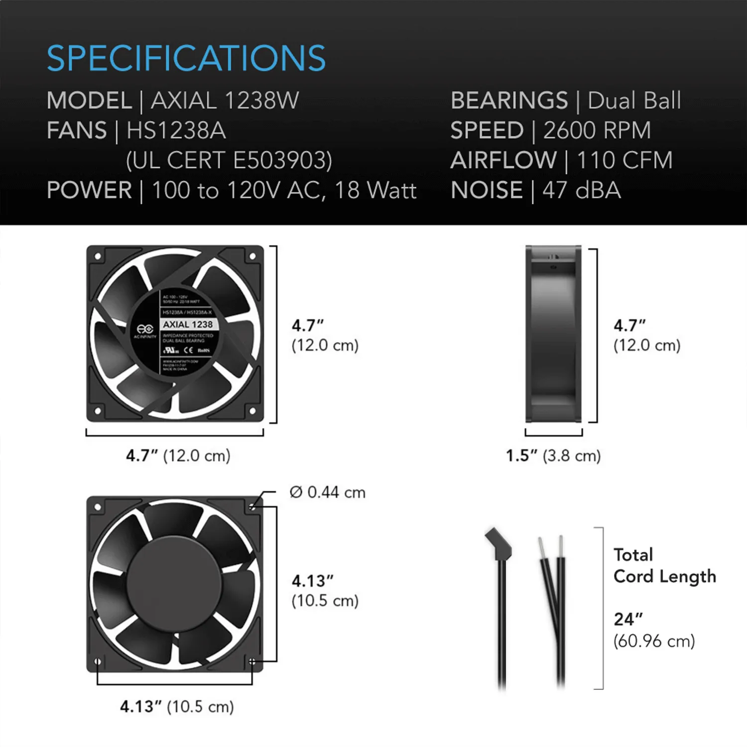 AC Infinity AXIAL 1238W, 120V AC Muffin Fan with Wire-Leads Adapter, 120mm x 38mm High Speed