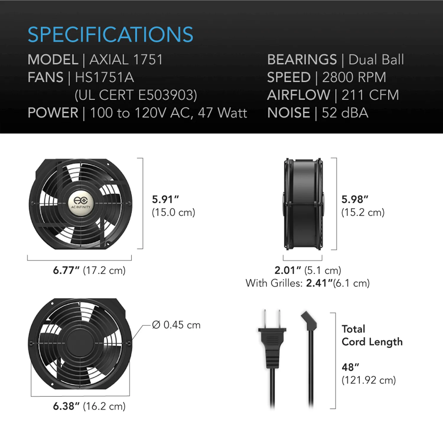 AC Infinity AXIAL 1751, Muffin 120V AC Cooling Fan, 172mm x 150mm x 51mm