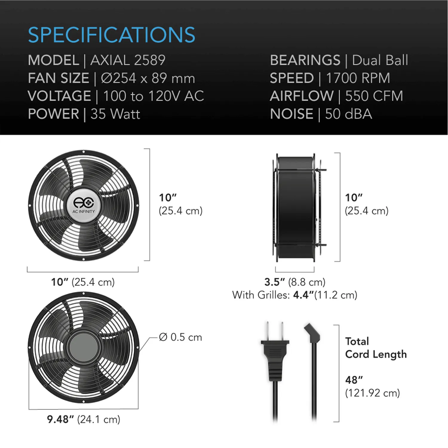 AC Infinity AXIAL 2589, Muffin 120V AC Cooling Fan 10", 254mm x 89mm