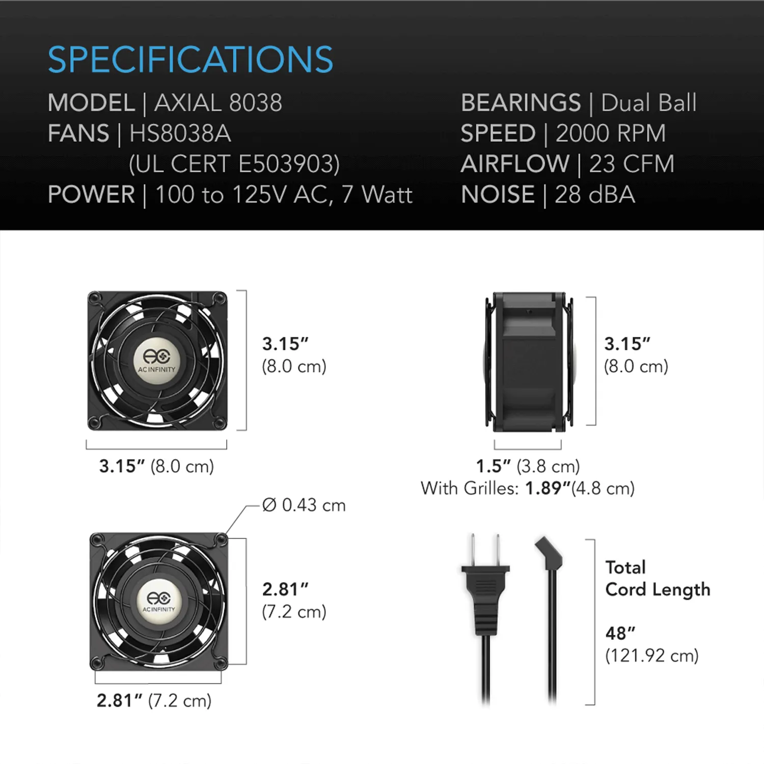 AC Infinity AXIAL 8038, Muffin 120V AC Cooling Fan, 80mm x 80mm x 38mm, Low Speed