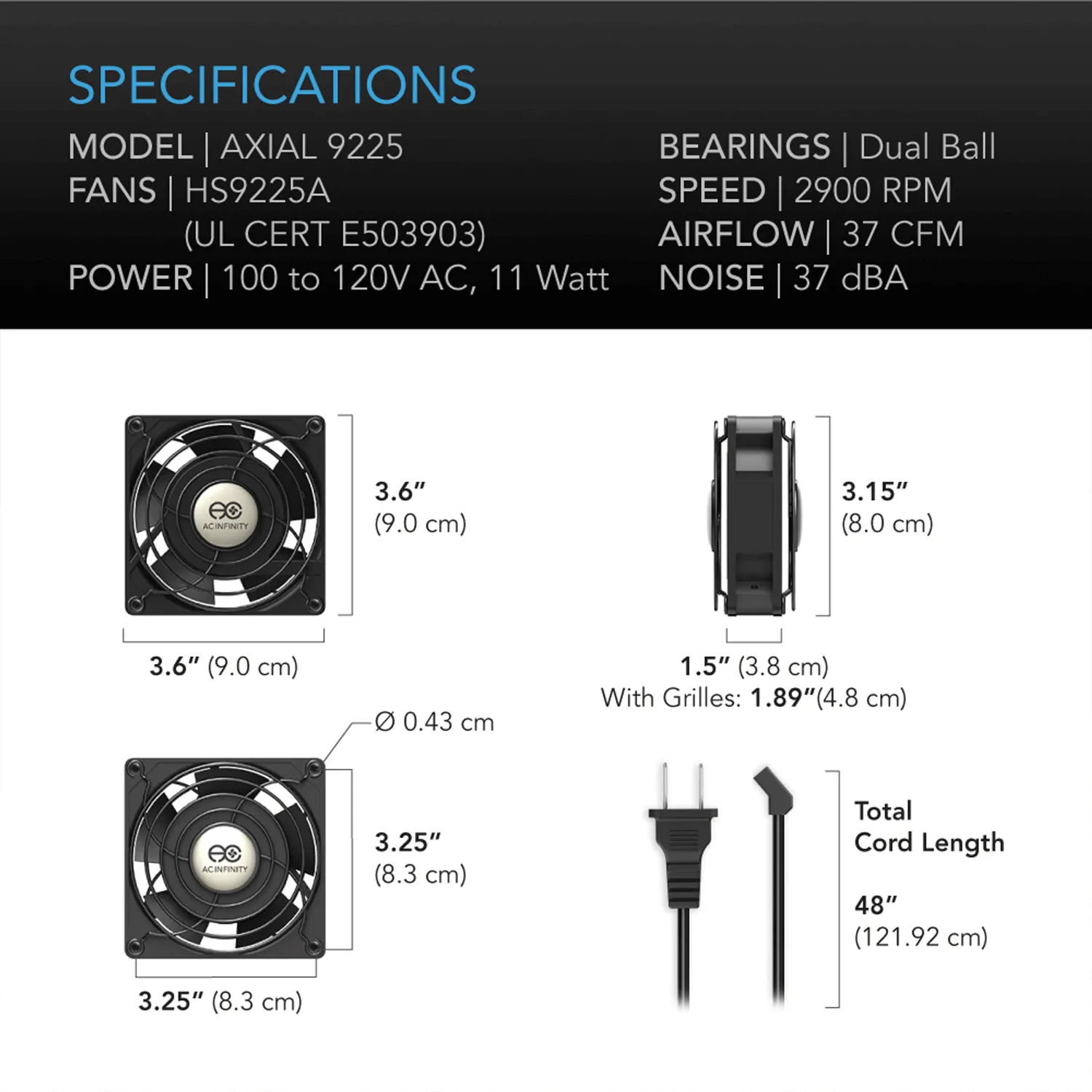 AC Infinity AXIAL 9225, Muffin 120V AC Cooling Fan, 92mm x 92mm x 25mm