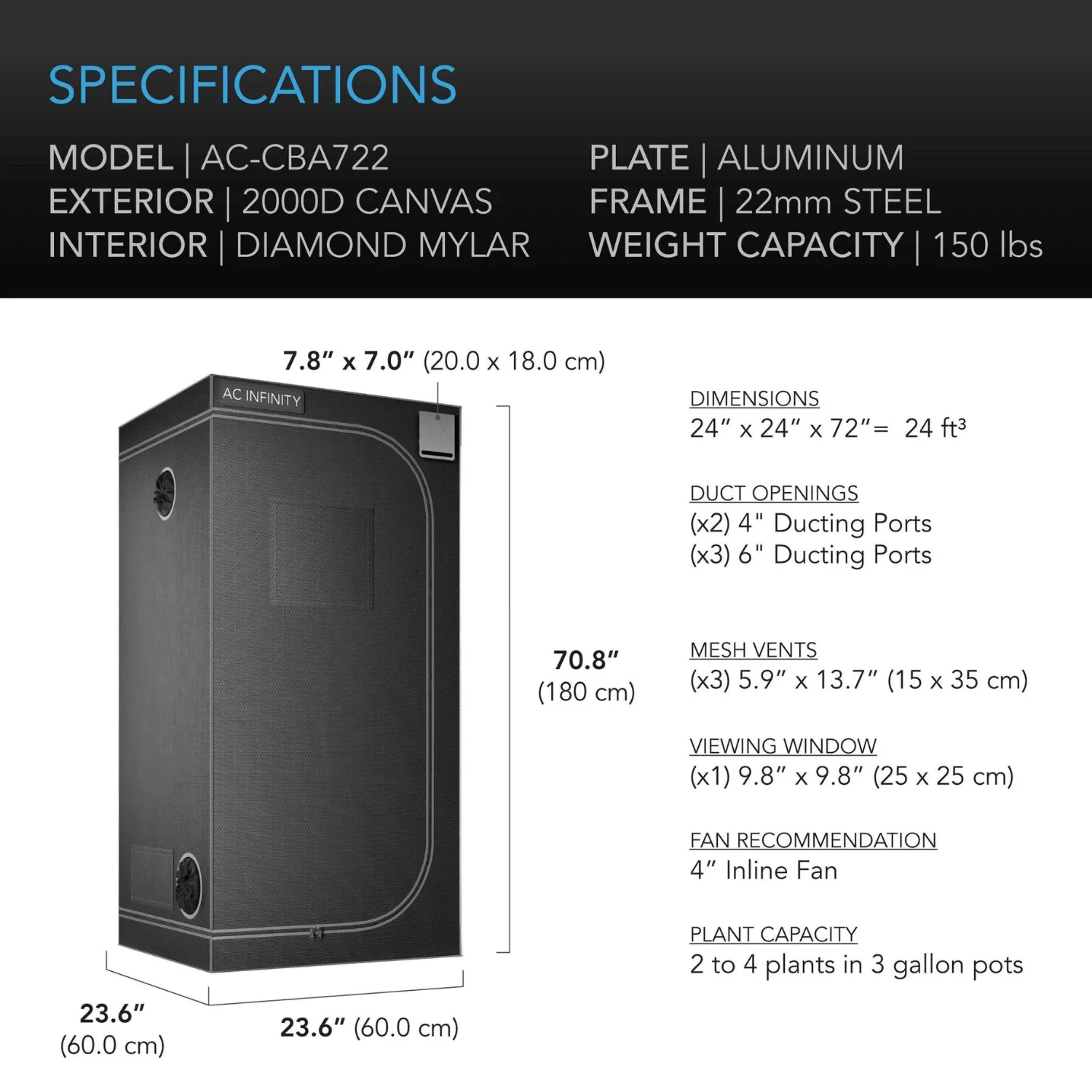 AC Infinity CLOUDLAB 722, Advance Grow Tent 2x2, 2000D Diamond Mylar Canvas, 24" x 24" x 72"