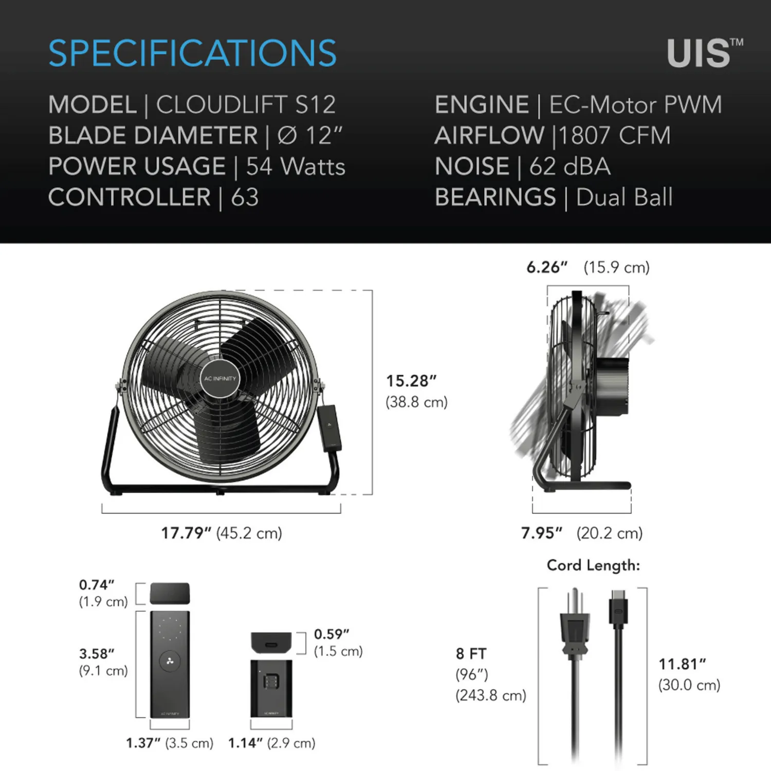 AC Infinity CLOUDLIFT S12, Floor Wall Fan with Wireless Controller, 12-Inch