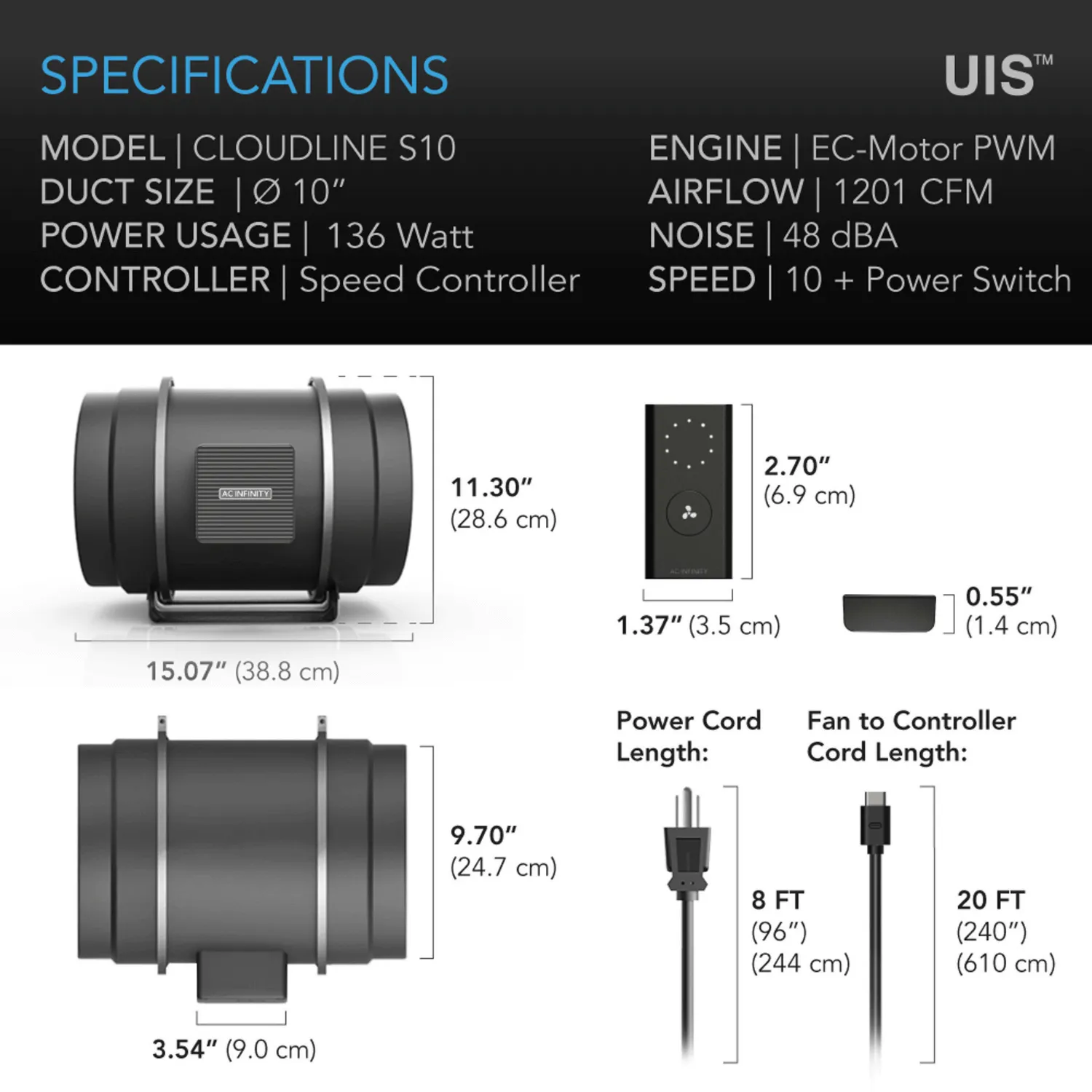 AC Infinity CLOUDLINE S10, Quiet Inline Duct Fan System with Speed Controller, 10-Inch