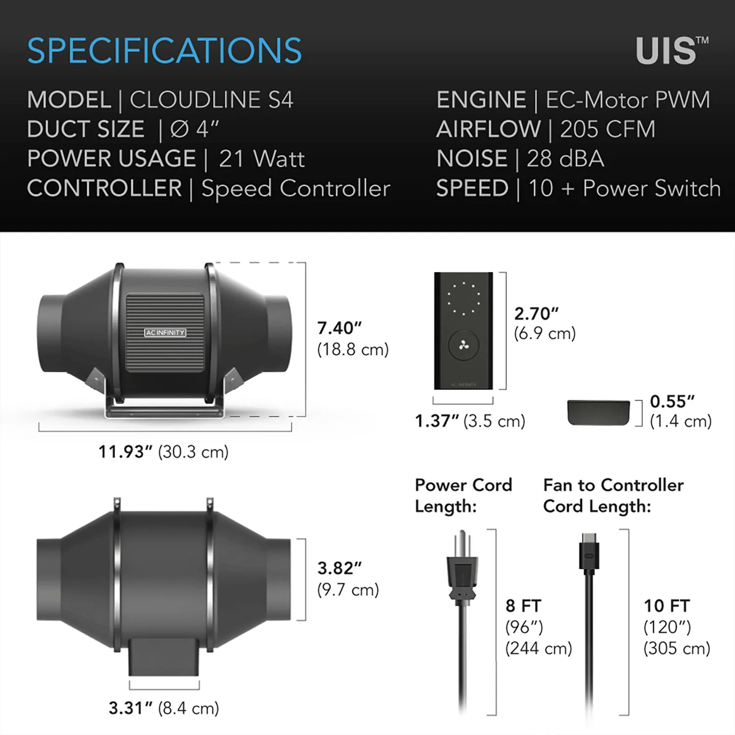 AC Infinity CLOUDLINE S4, Quiet Inline Duct Fan System with Speed Controller, 4-Inch