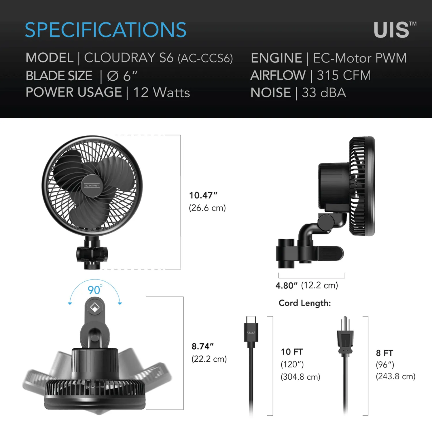 AC Infinity CLOUDRAY S6, Grow Tent Clip Fan 6" with 10 Speeds, EC-Motor, Auto Oscillation