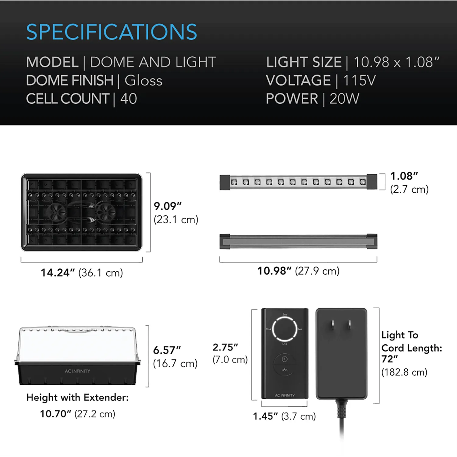 AC Infinity Humidity Dome, Germination Kit with LED Grow Light Bars, 5x8 Cell Tray