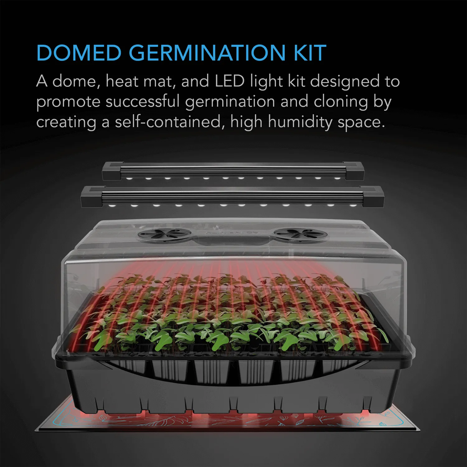 AC Infinity Humidity Dome, Germination Kit with Seedling Mat and LED Grow Light Bars, 5x8 Cell Tray