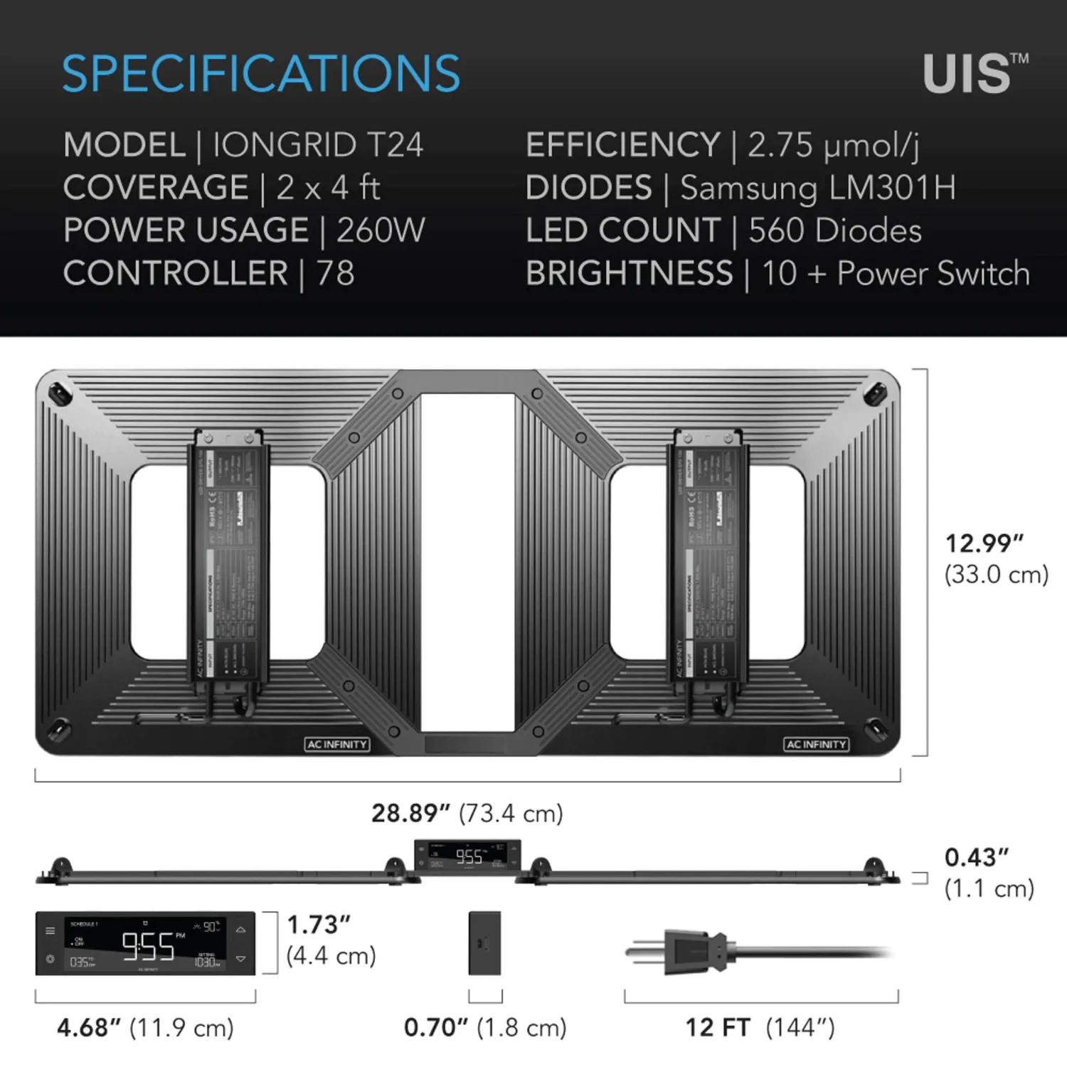 AC Infinity IONGRID T24, Full Spectrum LED Grow Light 260W, Samsung LM301H, 2x4 Ft. Coverage