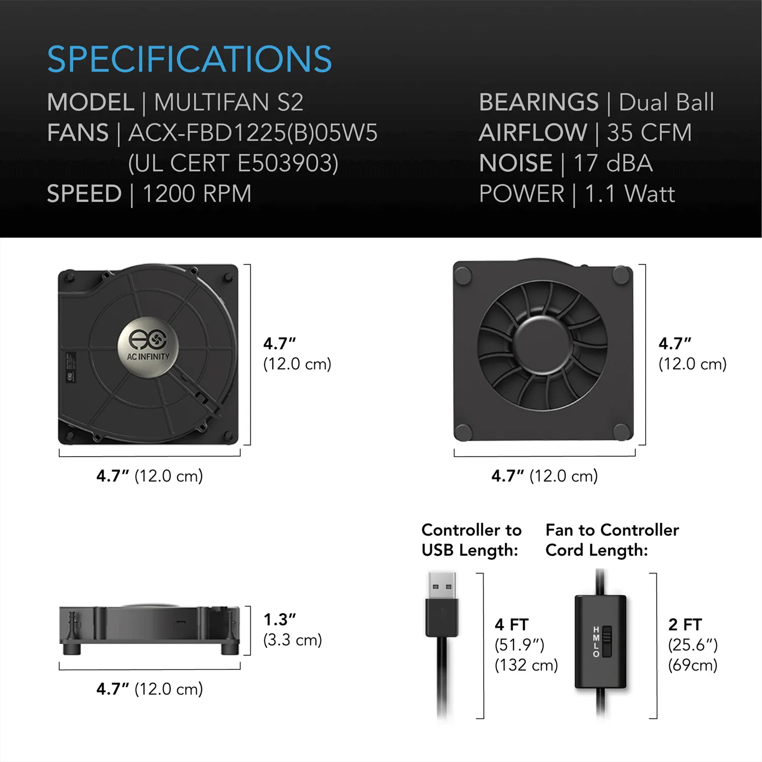 AC Infinity MULTIFAN S2, Quiet USB Cooling Blower, 120mm