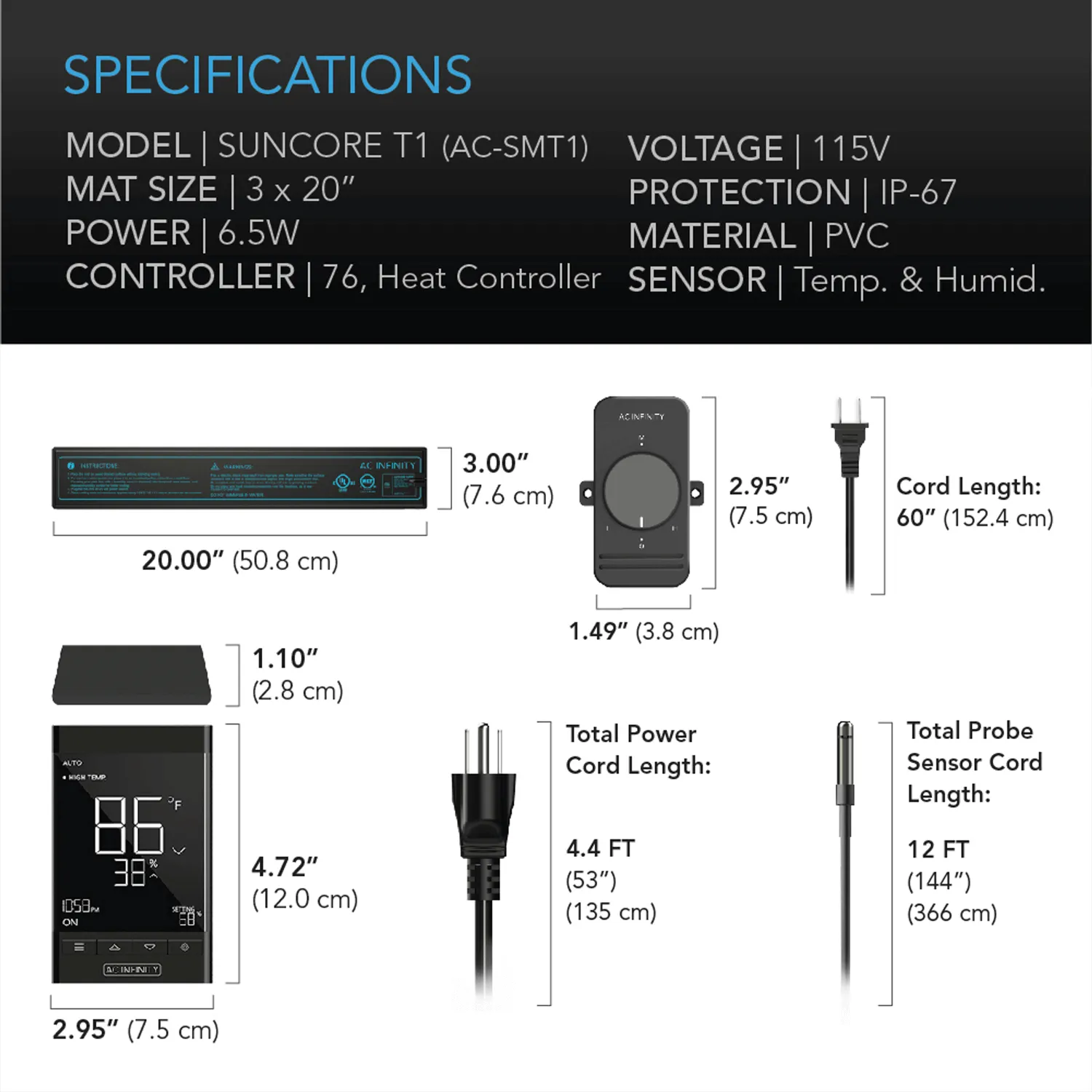 AC Infinity SUNCORE T1, Seedling Heat Mat, Digital Thermostat with Heat Controller, 3" x 20"