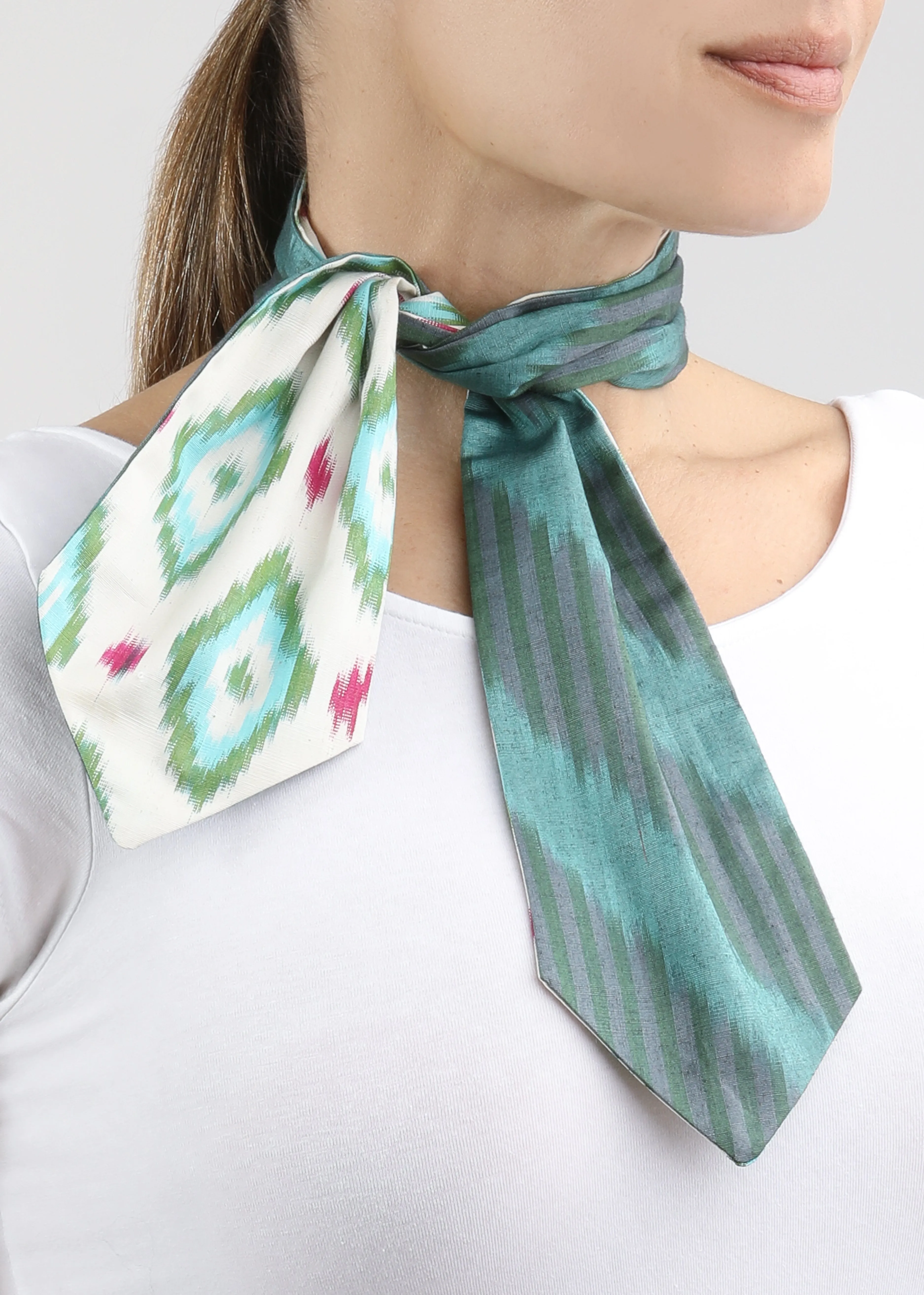 Addison Silk Ikat Twilly / Neck Scarf - Green