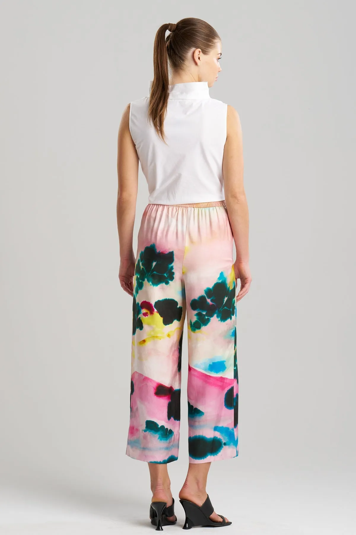 Akiko Printed Cotton Silk Twill Cropped Pull On Pants