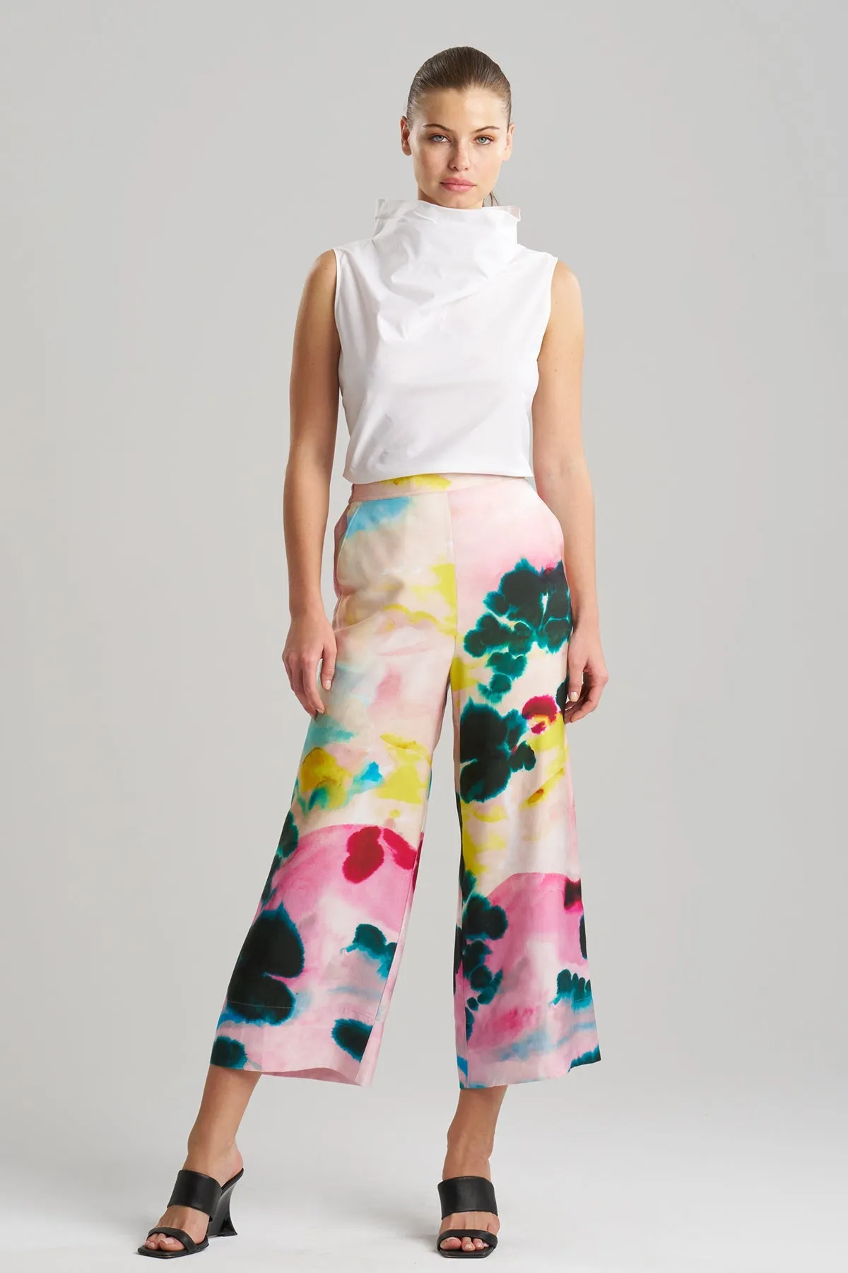 Akiko Printed Cotton Silk Twill Cropped Pull On Pants