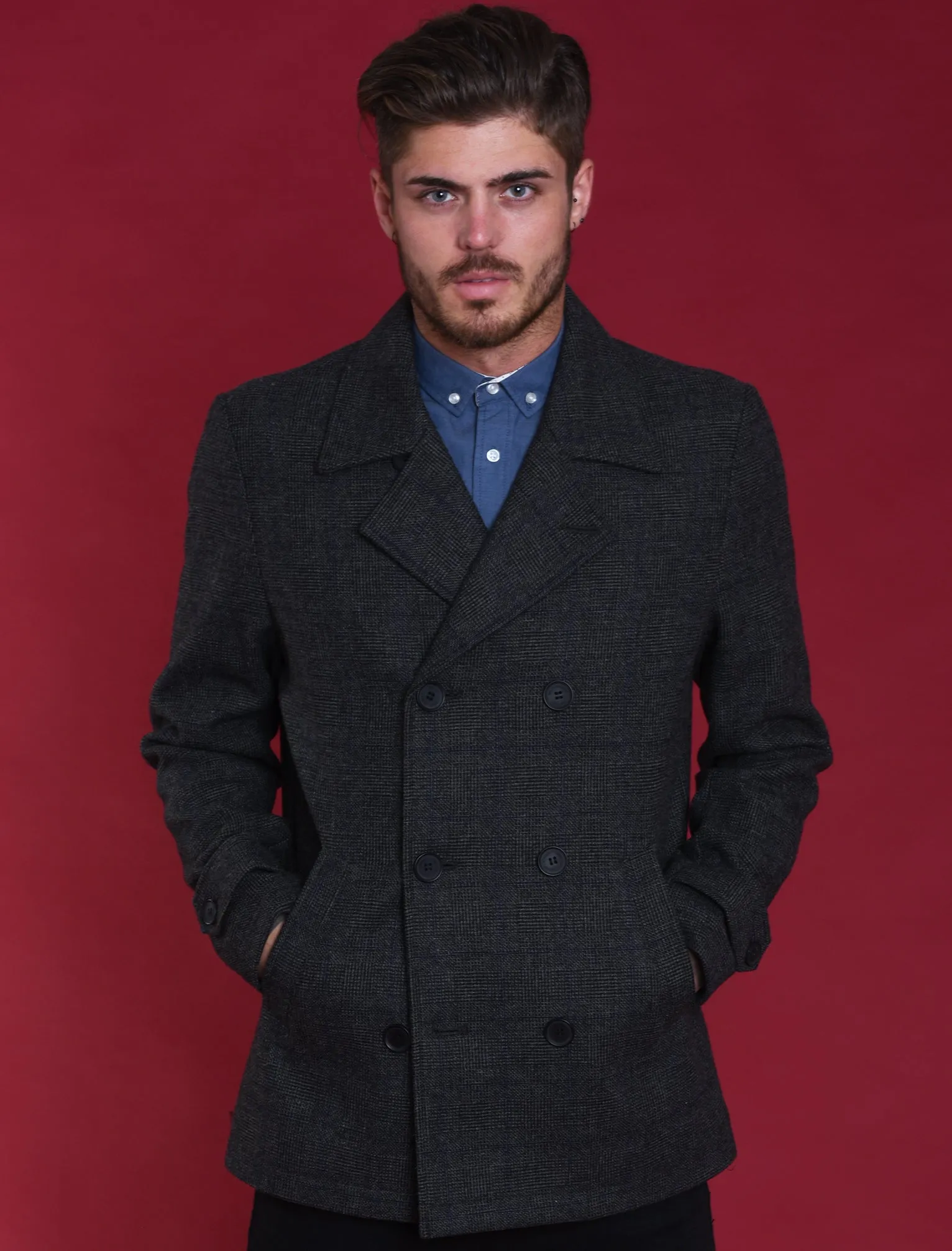 Alaska Double Breasted Wool Blend Peacoat in Grey Check  - Tokyo Laundry