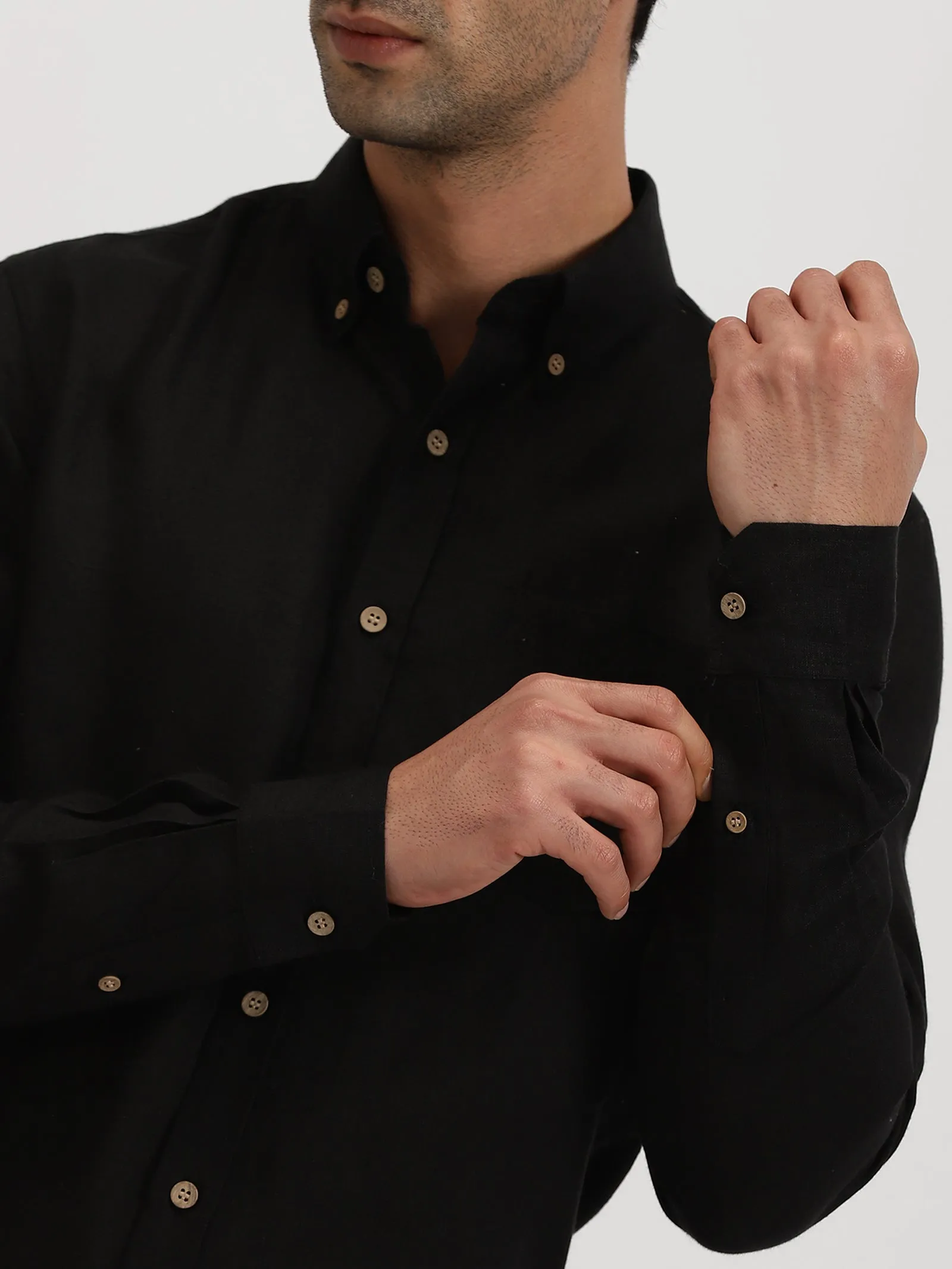 Austin - Pure Linen Button Down Full Sleeve Shirt - Black