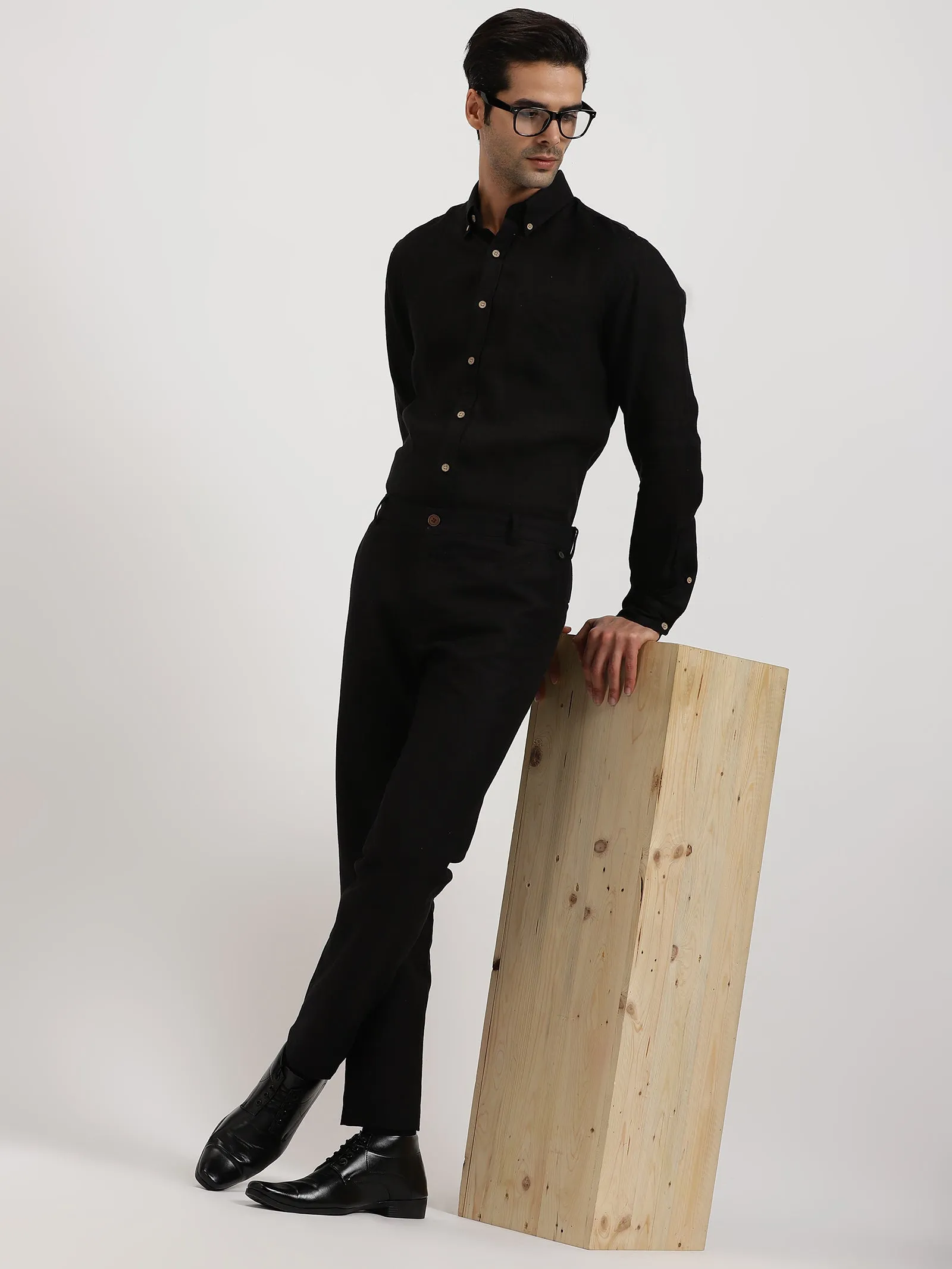 Austin - Pure Linen Button Down Full Sleeve Shirt - Black