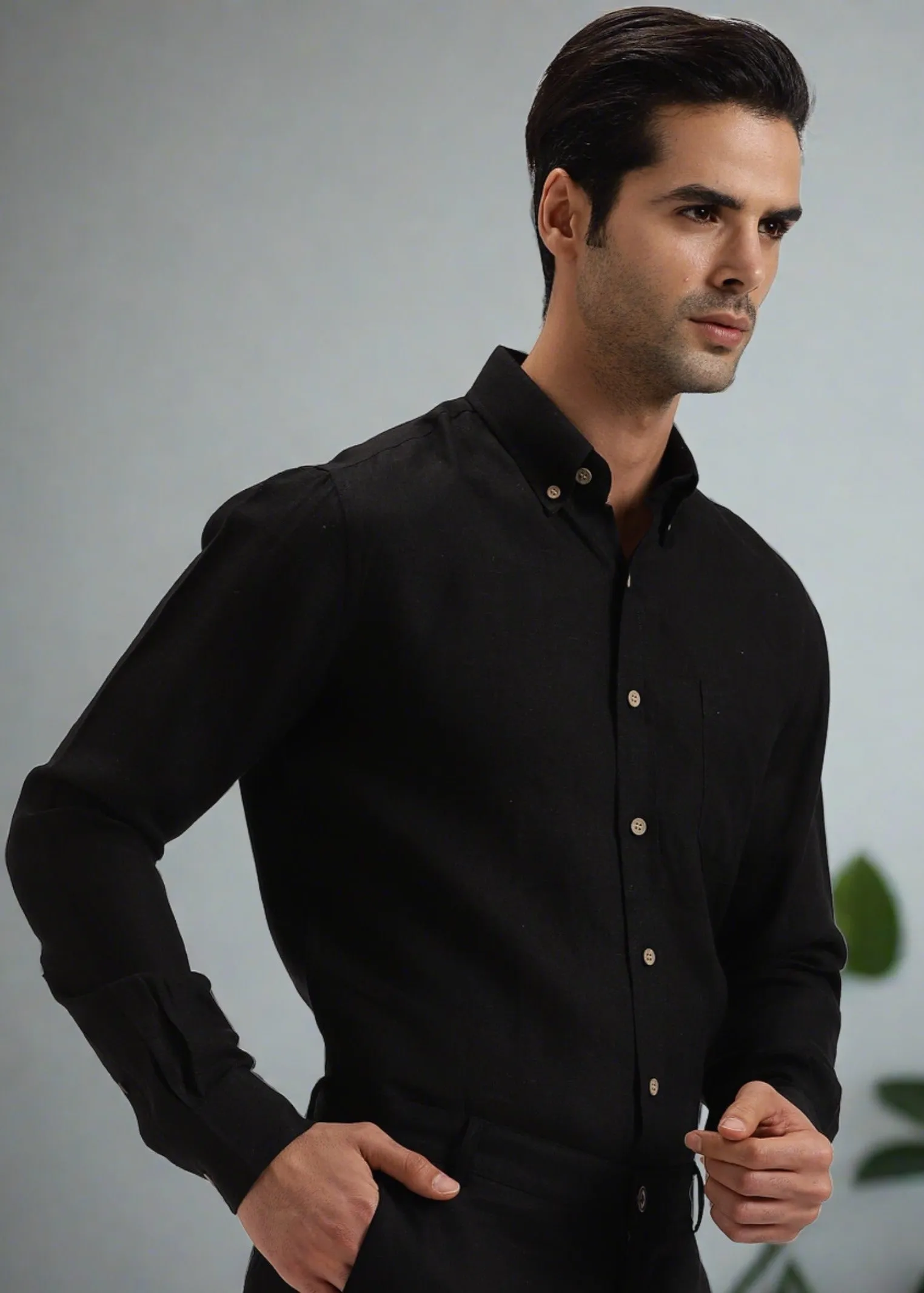 Austin - Pure Linen Button Down Full Sleeve Shirt - Black