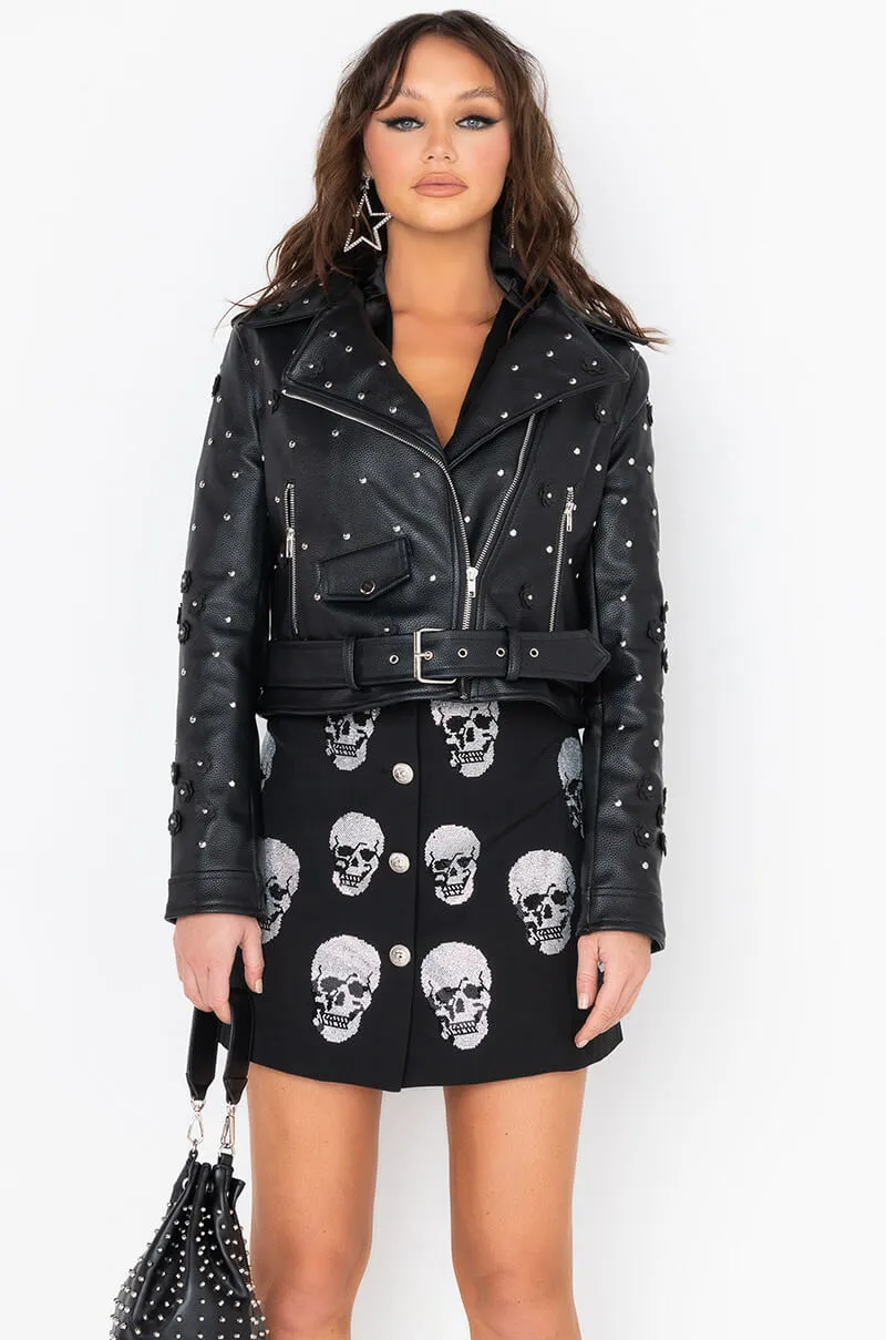 AZALEA WANG ANWAR BLACK FLOWER MOTO JACKET