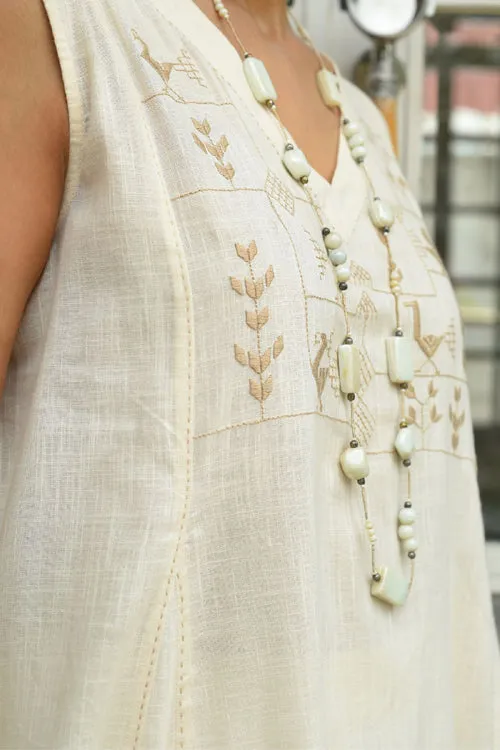 Bagh Cotton V Neck Off White Hand Embroidered Dress