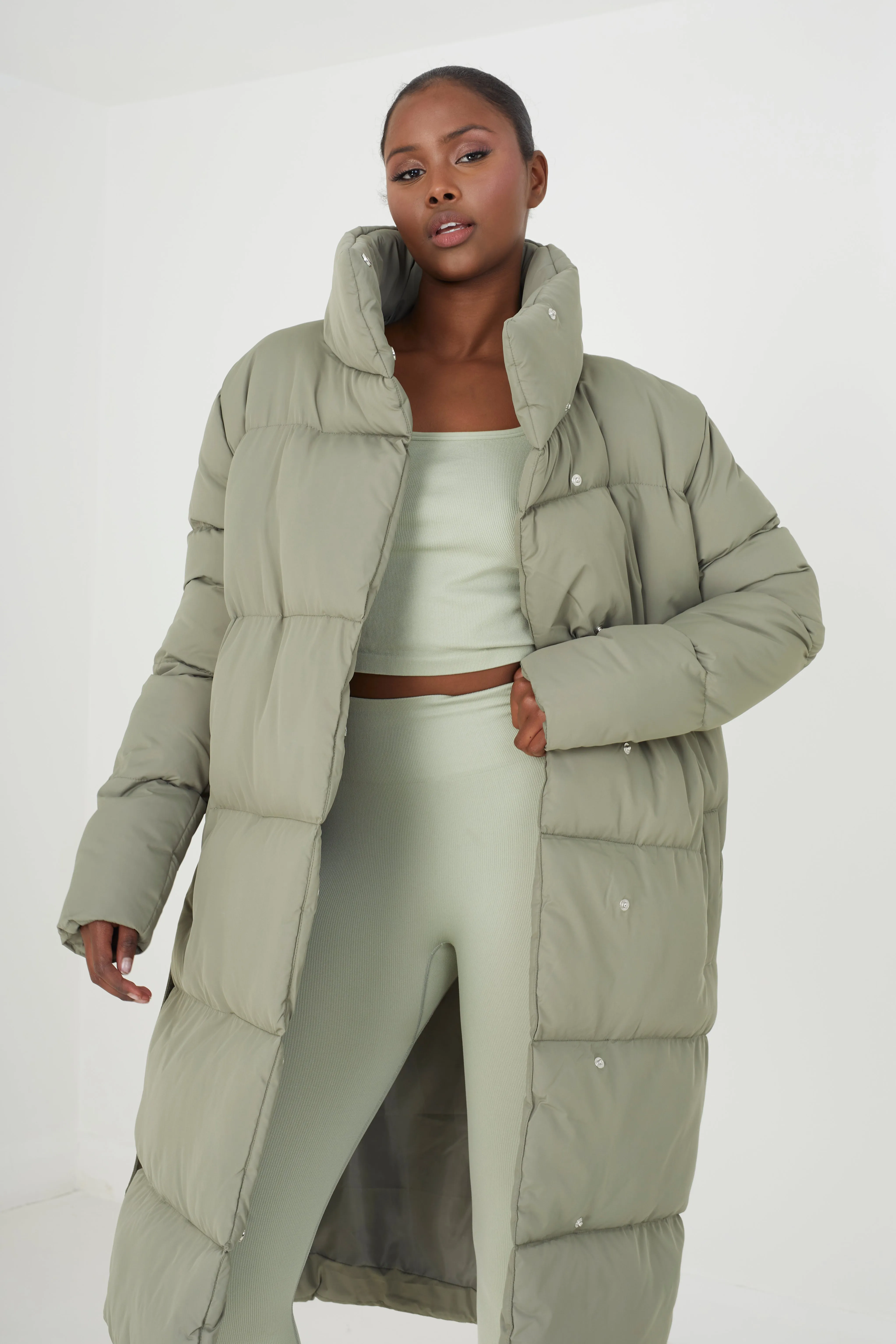 BELTED MAXI PUFFER COAT, KHAKI