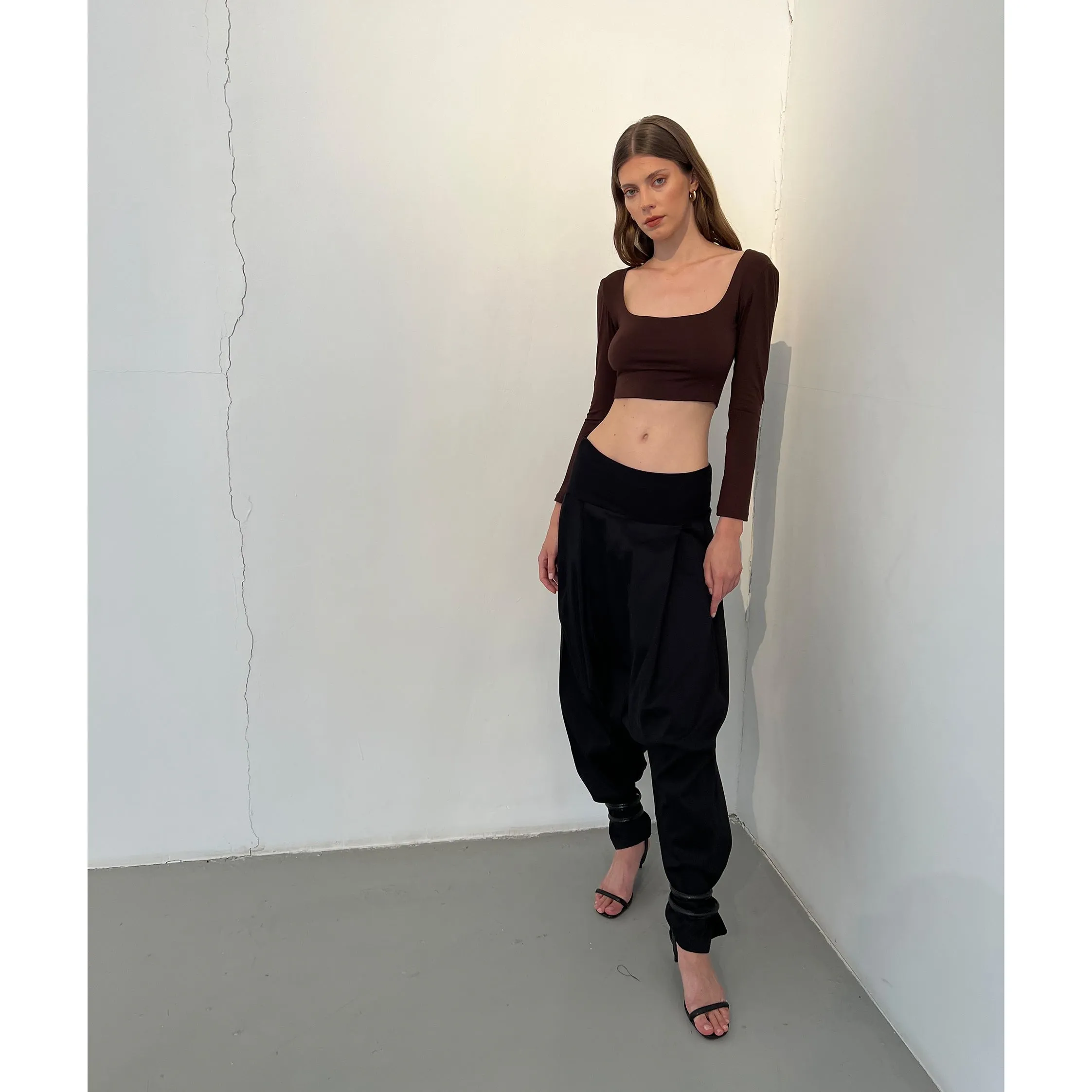 Black Cotton High Waist Drop Crotch Trouser