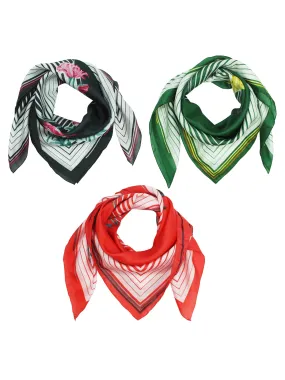 Black Green Red Square Floral Silk Scarf 3 Pack