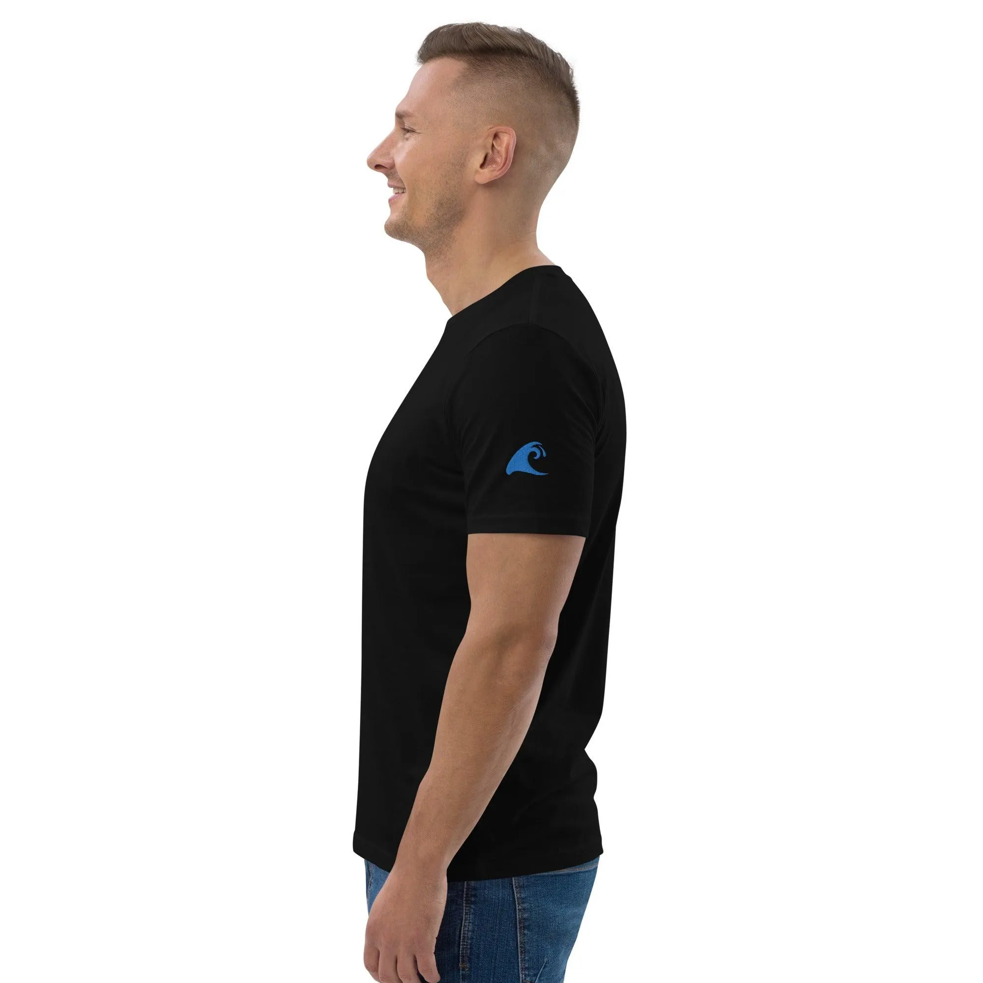 Black Organic Cotton T-Shirt w/ Aqua Extremely Stoked Epic Wave Logo on Sleeve (Embroidered)