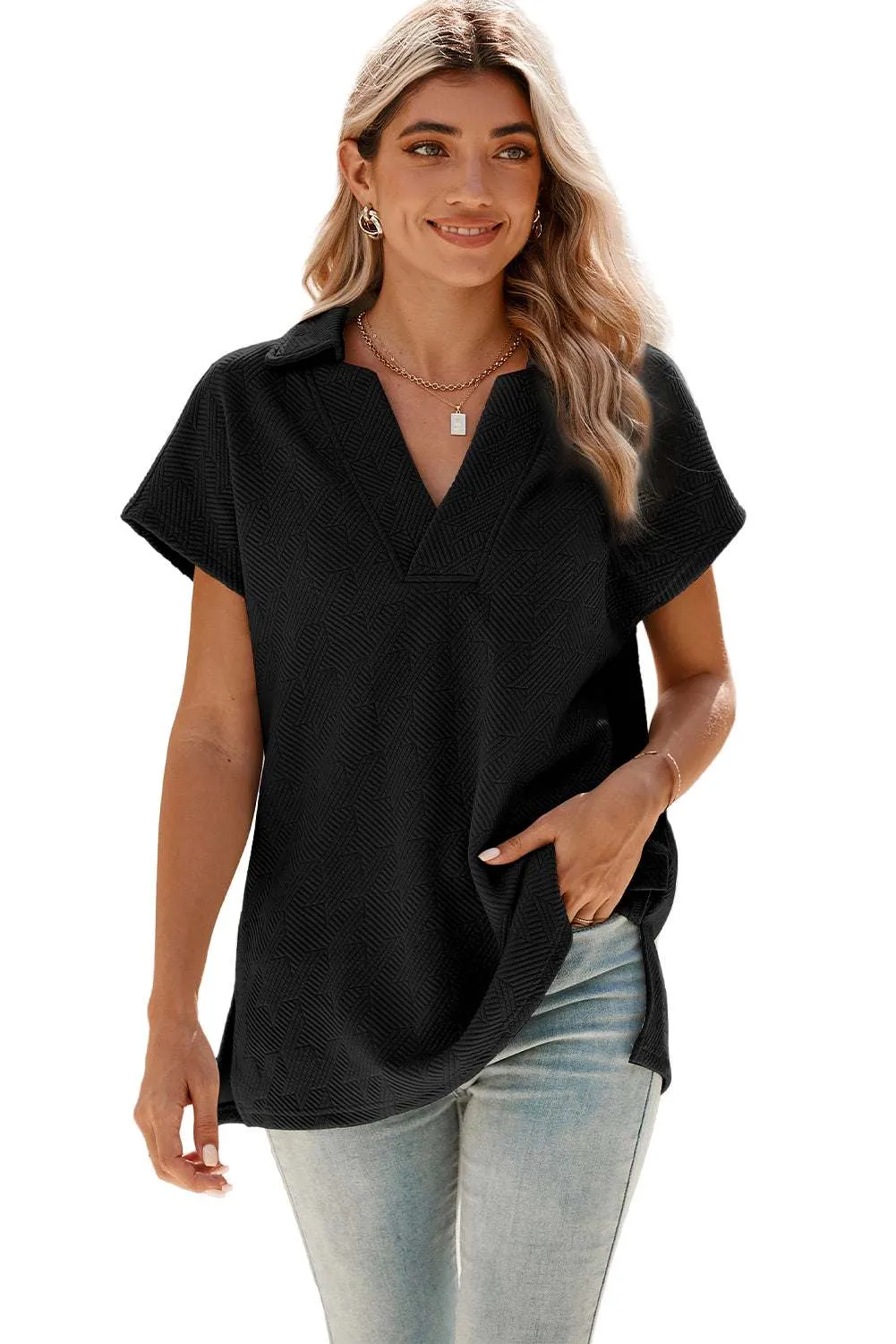 Black Textured V Neck Collared Slit Hem T Shirt - Stylish Top