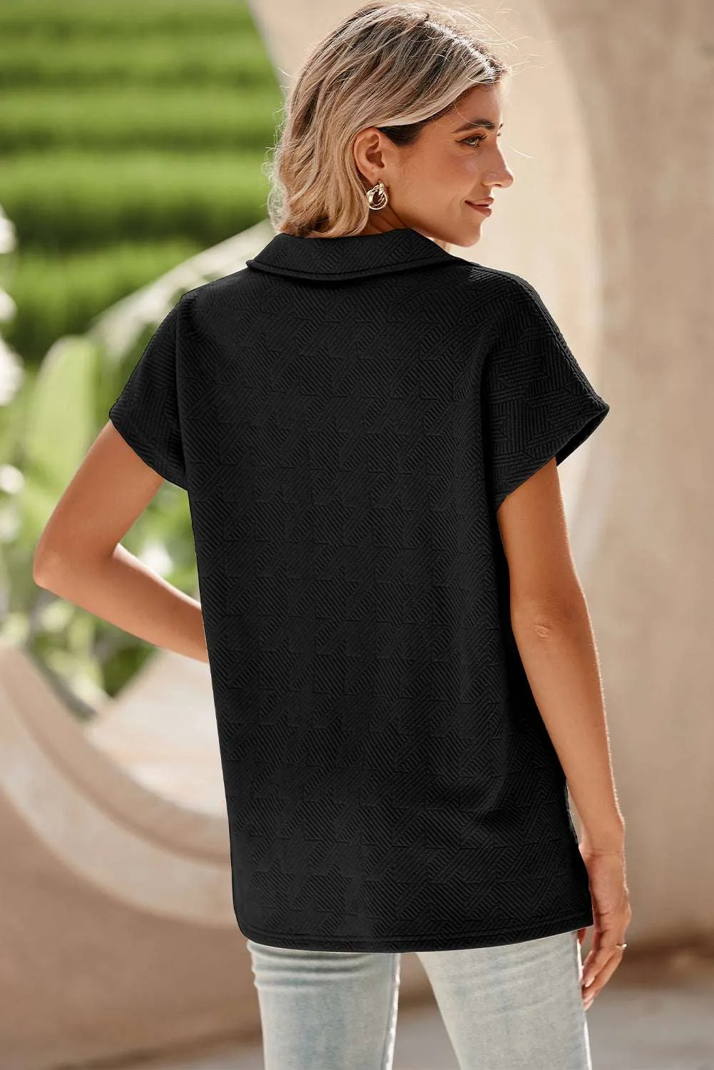 Black Textured V Neck Collared Slit Hem T Shirt - Stylish Top