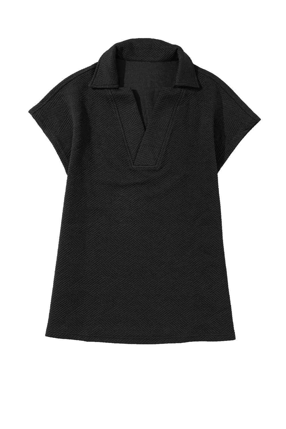 Black Textured V Neck Collared Slit Hem T Shirt - Stylish Top