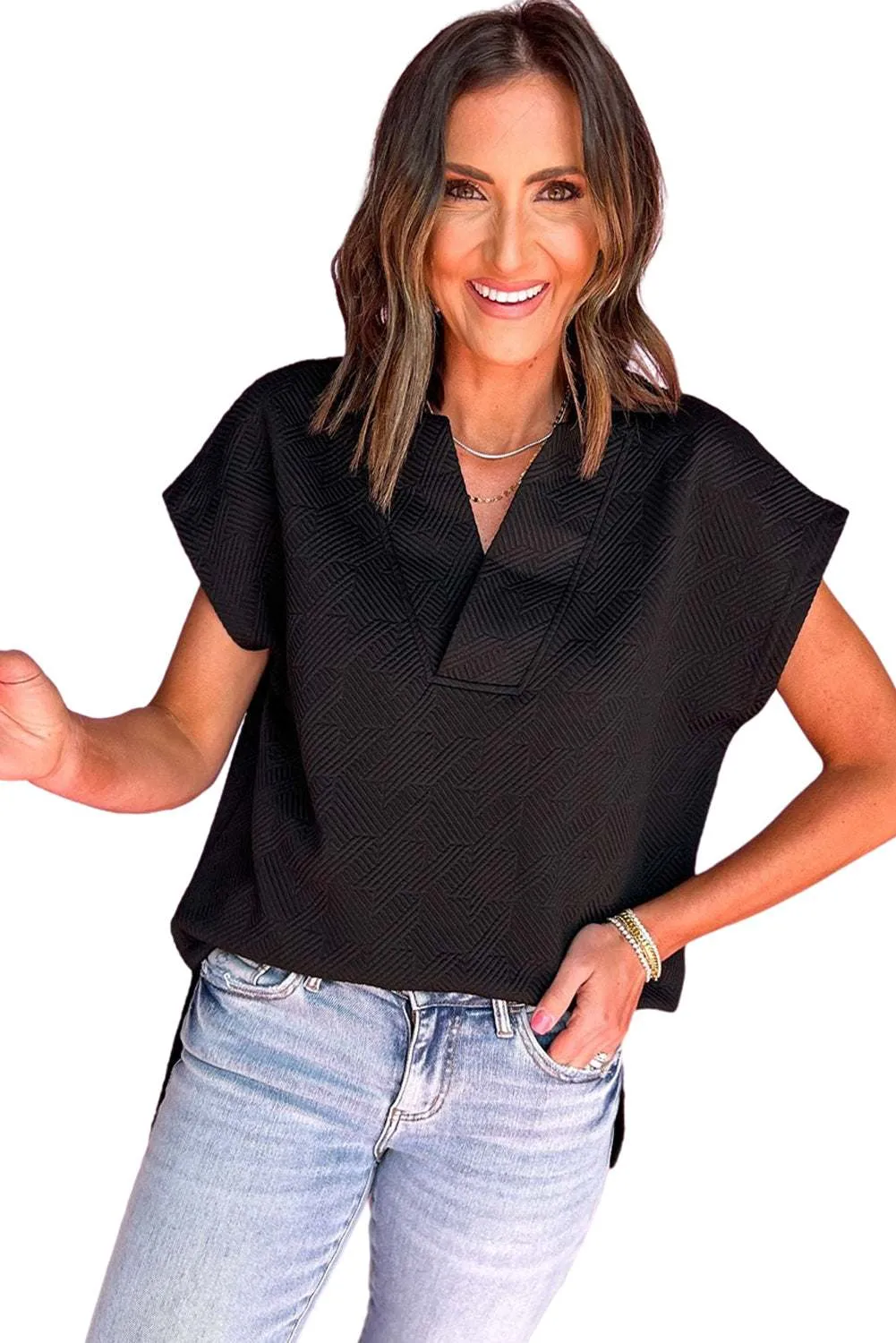 Black Textured V Neck Collared Slit Hem T Shirt - Stylish Top