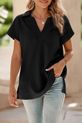 Black Textured V Neck Collared Slit Hem T Shirt - Stylish Top