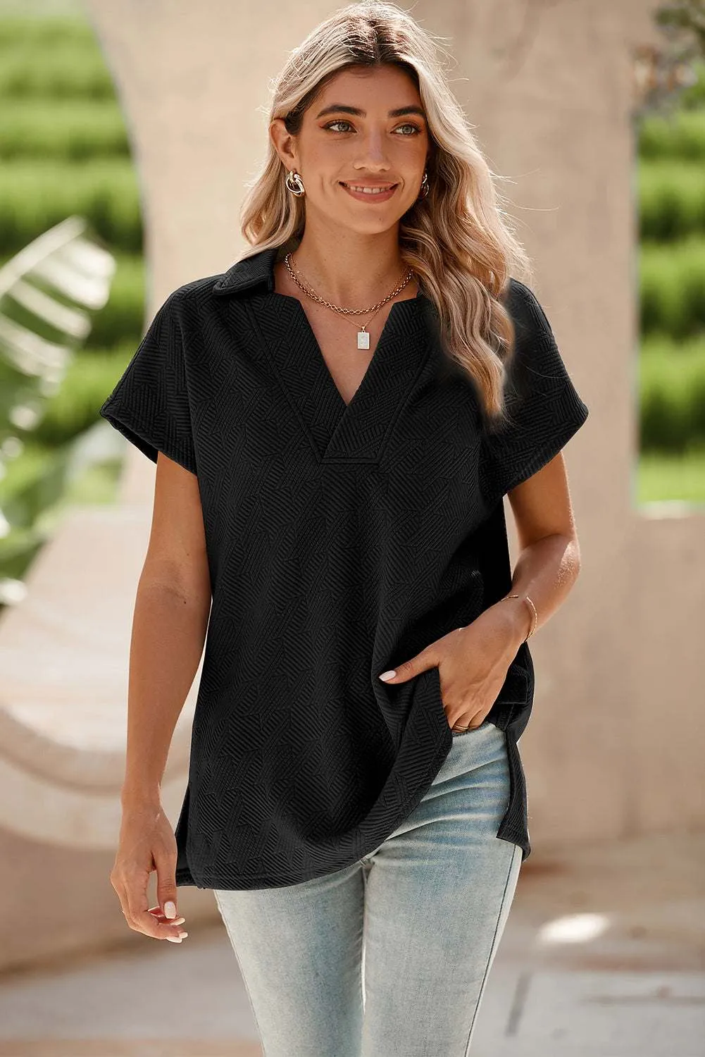 Black Textured V Neck Collared Slit Hem T Shirt - Stylish Top