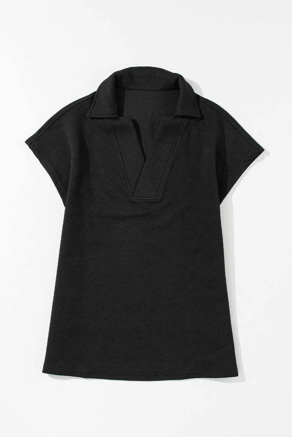 Black Textured V Neck Collared Slit Hem T Shirt - Stylish Top