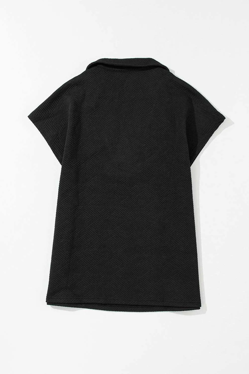 Black Textured V Neck Collared Slit Hem T Shirt - Stylish Top